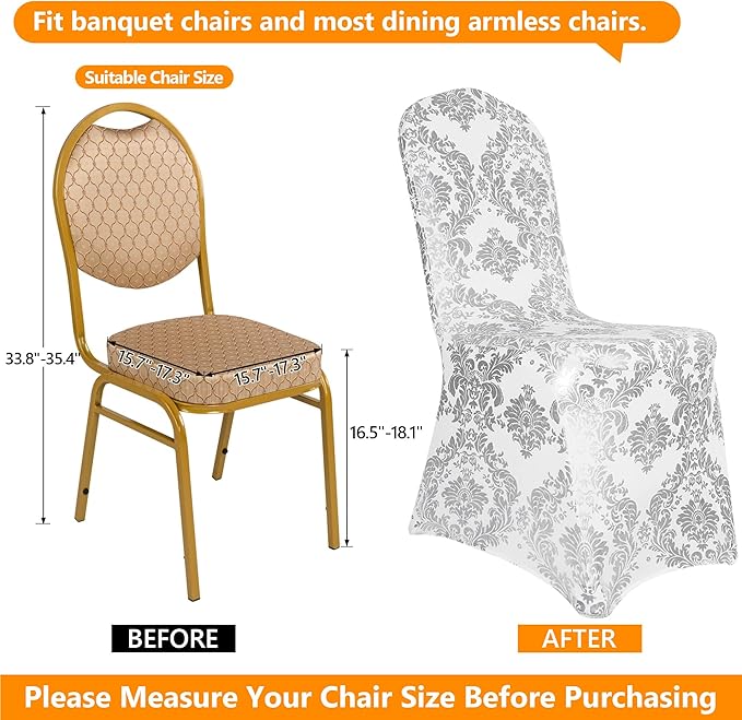 Pack of 20 Dining Chair Covers Bronzing Silver Flower Print Removable Washable Spandex Stretch Decorative Chair Slipcovers Set for Party Wedding Home Decorations - Silver+White