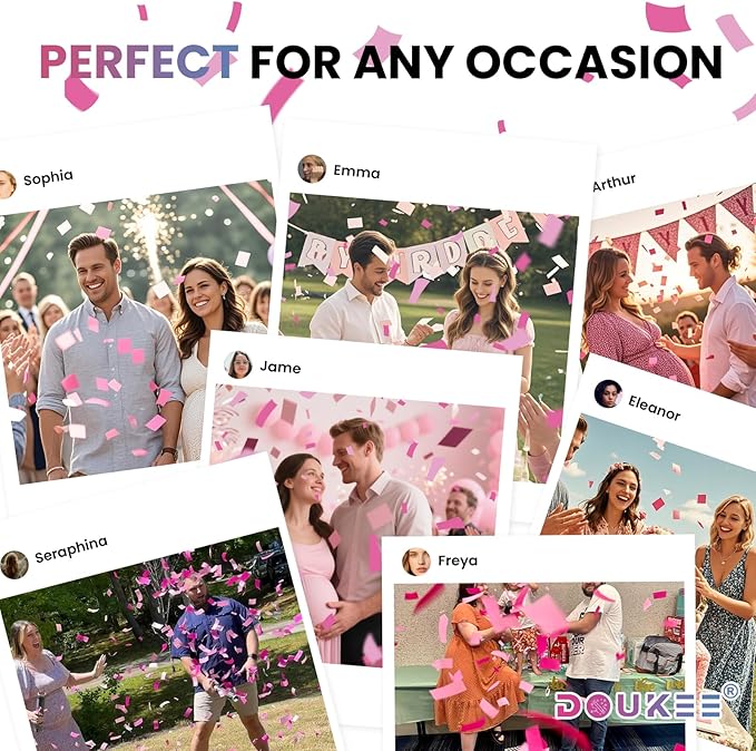 Gender Reveal Pink Confetti Cannon, DOUKEE Baby Shower Pink only Biodegradable Confetti Poppers for Girl Baby Reveal Party - 2 Set