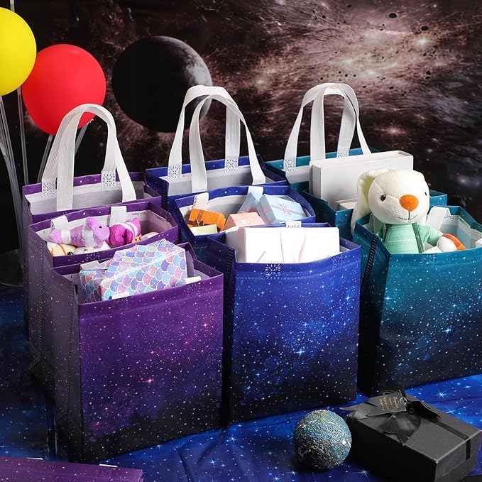 Locmeo 36 Pcs Galaxy Party Favor Gift Bags Starry Sky Goodie Space Star Reusable Bags Non Woven Starry Night Candy Treat Totes Graduation Gift Bag Birthday Party Decorations, 8 x 4 x 10 Inch