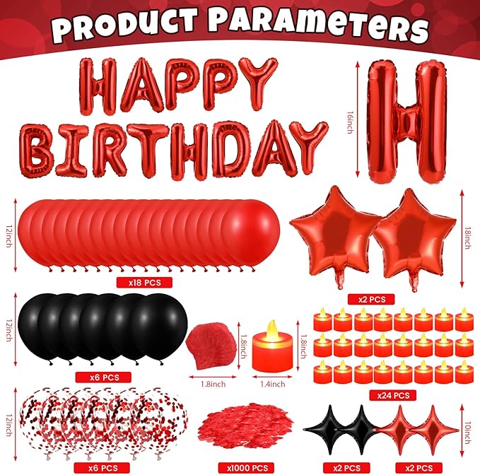 Red Happy Birthday Balloons Decorations Red and Black Birthday Balloon Letters Banner with 6 Pcs Star Balloons 1000 Artificial Rose Petals 24 Flameless LED Candles for Birthday Party Supplies Decor
