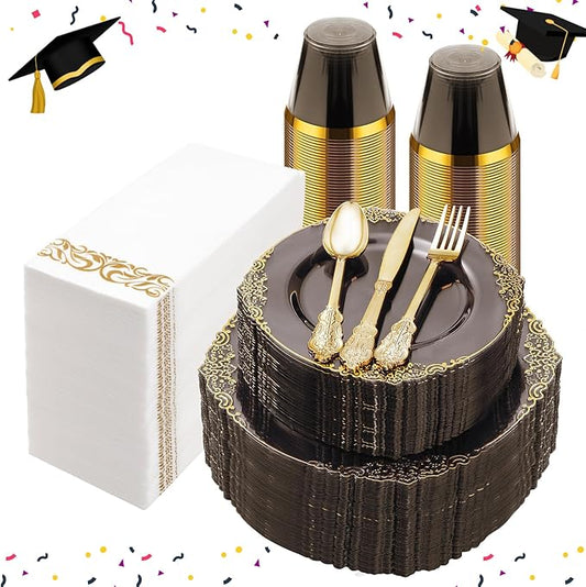 Bestluck 350PCS Clear Black Plastic Plates for 50 Guests, Disposable Plates with Gold Trim include 50 Dinner and Dessert Plates, 150 Gold Silverware, 50 Cups, 50 Napkins for Party & Graduation