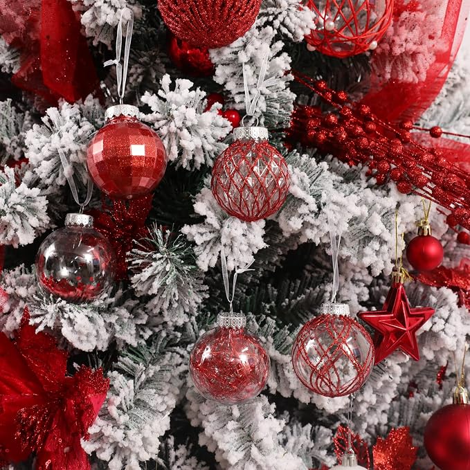CristBest 30ct Christmas Ball Ornaments-60mm/2.36" Shatterproof Clear Plastic Xmas Balls Baubles Set with Stuffed Delicate Sparkling, Hanging Christmas Tree Decorations(Red)