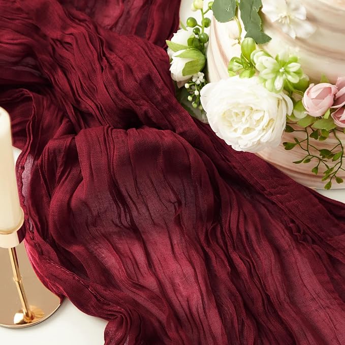 8 Pack 10Ft Table Runner 35x120 inch Burgundy Boho Gauze Table Cheese Cloth Long Wrinkled Sheer Table Runner for Wedding Bridal Shower Birthday Party Table Decor