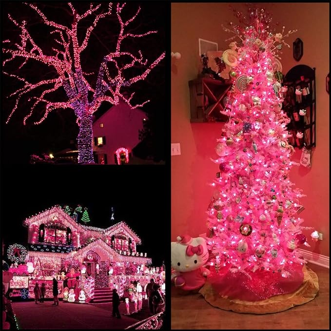 YULETIME 300 Pink String Lights, 100 ft 8 Models Clear Wire Wide Angle LED | 5mm Bulbs, Safe 29V Adapter, Multimode Lighting, Connectable, 100' Total Length, 1-Strand 300 Lights, 4" Spacing