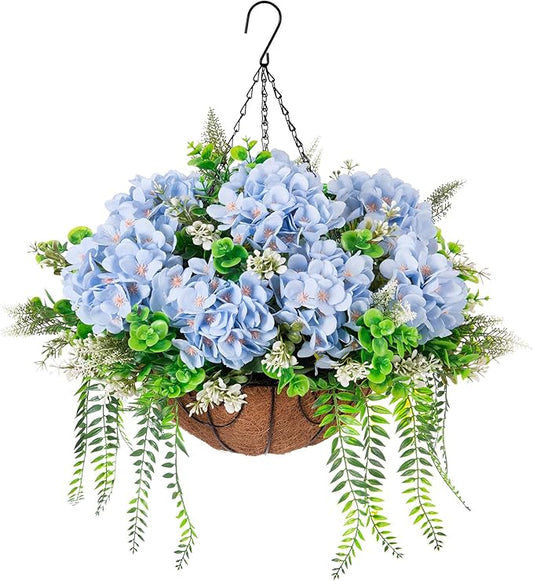 Ammyoo Artificial Hanging Hydrangea Flowers with Basket for Outdoor Spring Decoration, Fake Silk Hydrangea Flower Outdoor Indoor Arrangements, Fake Hanging Plants for Balcony Garden Yard Decor(Blue)