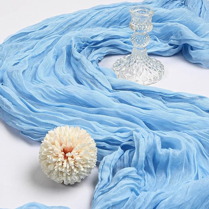 6 Pack 10FT Baby Blue Cheesecloth Table Runner 120 Inch Long Gauze Rustic Boho Spring Cheese Cloth Table Runner Sheer Fabric Decorations for Holiday Party Wedding Banquet Bridal Baby Shower Décor