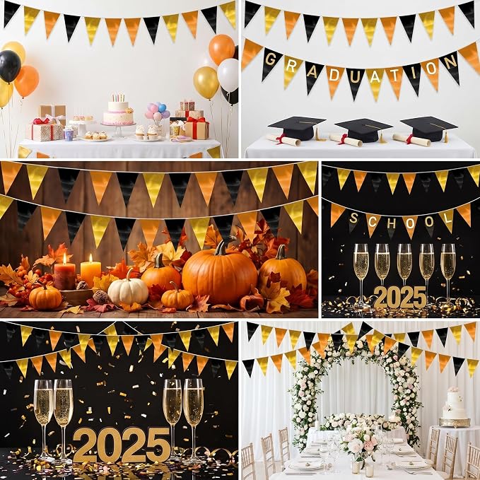 40M/130FT Black Gold Orange Triangle Pennant Banner Flag Metallic Fabric Bunting Garland for Christmas Wall Hanging,Graduation Decorations, New Years Decorations,Father' Da