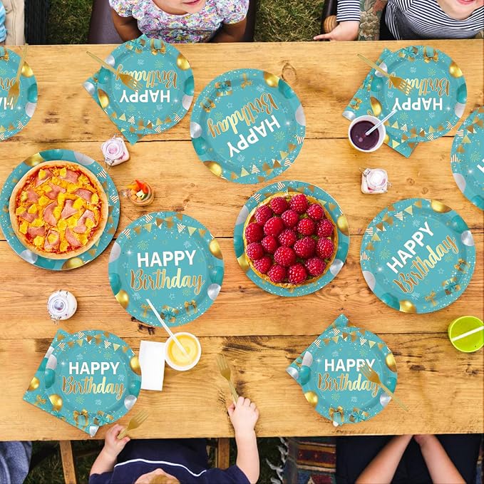 96 Pcs Teal Blue and Gold Birthday Party Supplies Happy Birthday Plates and Napkins Disposable Turquoise Aqua Teal Tableware Set for Men Women birthday Party Decorations Serves 24
