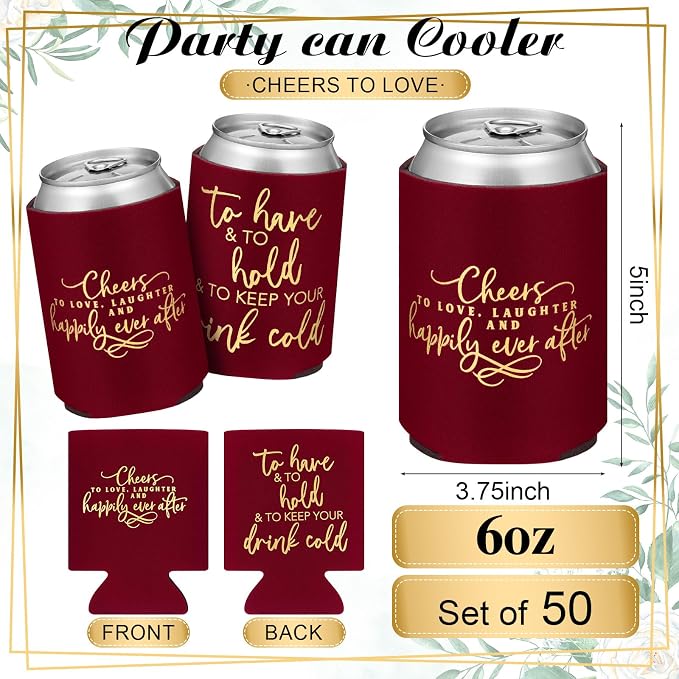 Qinyoung 50 Pieces Burgundy Wedding Can Cooler Sleeves Bulk Engagement Party Favors for Guests Cheers to Love Laughter and Happily Ever After Rehearsal Dinner Decorations for Wedding Bridal Parties
