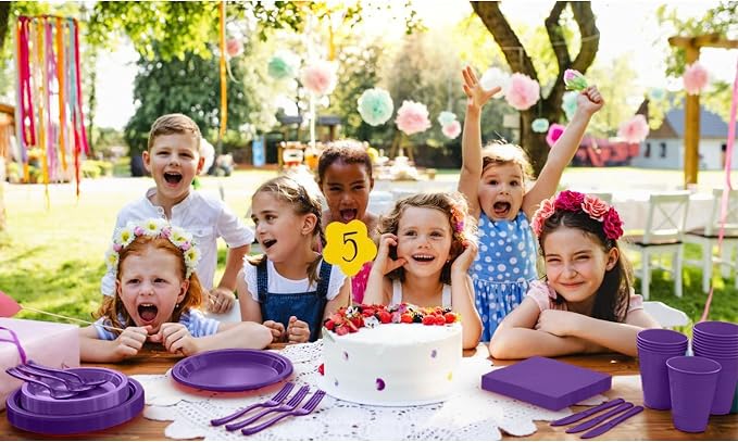350 Pcs Purple Plastic Plates For Party, Purple Disposable Plates Set, 50 Of Each 9" Dinner Plate Set, 7" Dessert Plate, Cups, Napkins & Cutlery Plastic Dinnerware Set Exquisite