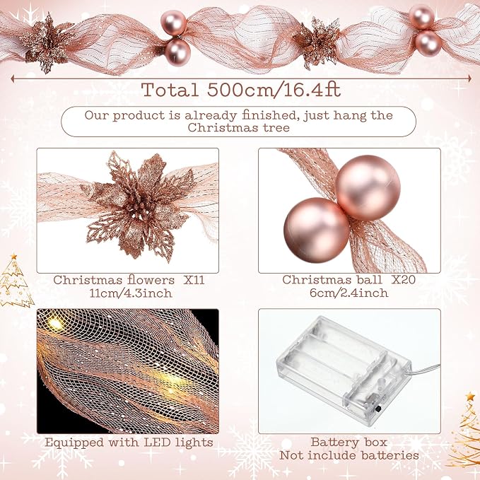 Hollowfly 16.4 ft Christmas Tree Ribbon Garland Mesh with Lights Decor Mesh Christmas Ball Garland Poinsettia Flower Hanging Ornament for Mantle Front Door Xmas Decoration(Rose Gold)