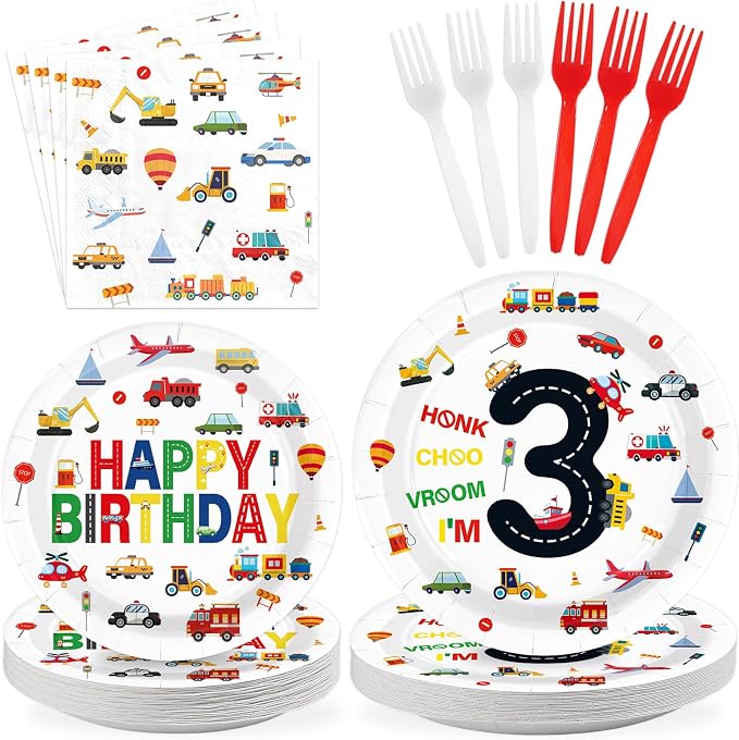 96Pcs 3rd Birthday Cars Party Decorations Transportation Plates and Napkins Tableware Set Car Train Plane Sailboat Tableware Set for Boys 3 Years Old Traffic Theme Party Supplies Serves 24