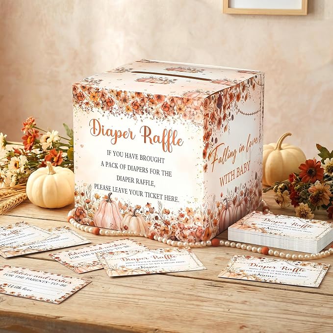 Teling 51 Pieces Diaper Raffle Tickets with Card Box Baby Shower Decorations Gender Reveal Holder Box for Girl Boy Diaper Raffle Party (Falling in Love with Baby Style)