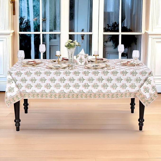 Ridhi Mughal Buta Peach Hand Block Print Cotton Rectangle Tablecloth 60" x 60" inches Reusable Table Cover Decorative Everyday Use for Dining Room, Farmhouse, Home Gift for Spring, Mother's Day