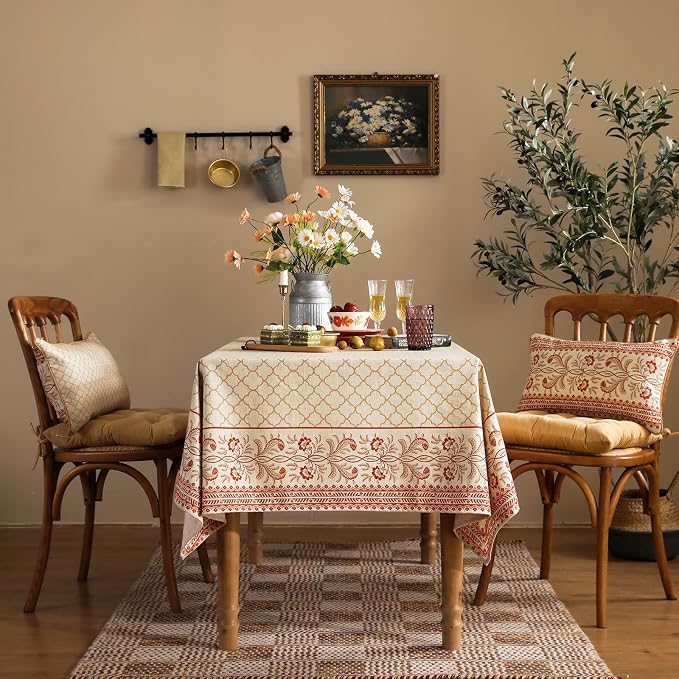 ISAENNE Designer Linen Small Square Tablecloth,55"x55"-Chamonix A | Vintage Elegant Plaid Print Beautiful Heavy Table Cloth,Chinoiserie,Dining Room,Tea Party,Kitchen,Thanksgiving,Decor