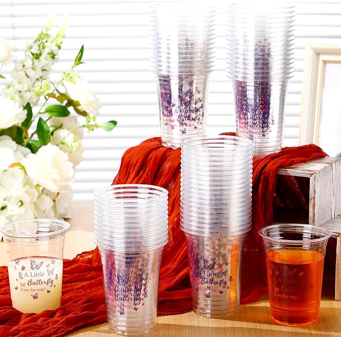 100 Pcs Plastic Butterfly Cups 16 oz Disposable Clear Plastic Cups Butterfly Party Cup Bulk for Birthday Baby Shower Girls Tea Party Supplies
