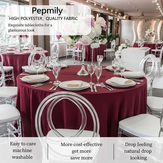 8 Pack Burgundy Round Tablecloth 120 Inch Round Table Cloth, Wrinkle Resistant and Washable Tablecloth Polyester Fabric Table Cloth Round Table Cover for Dining Wedding Banquet Party