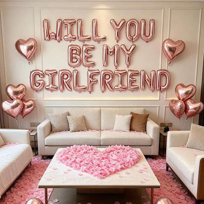 2 Set Rose Gold Will You Be My Girlfriend Balloons - 42pcs 16" Letter Balloons 1200pcs Pink Artificial Rose Petals 10pcs 18" Heart Balloon Alphabet Foil Mylar Balloon for Valentines Day Decorations