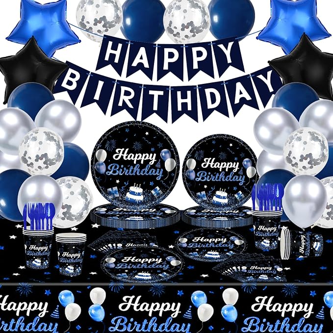 219Pcs Navy Blue Birthday Party Supplies Happy Birthday Party Decorations for Men Boys Blue Plates Napkins Cups Tableware Set Banner Tablecloth Confetti Balloons, Serves 24