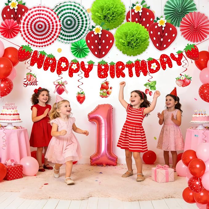 Strawberry Birthday Decorations,Cute Strawberry Party with Red Strawberry Honeycomb Balls,Green Paper Pom Poms,Paper Fan,Banner and Hanging Swirls Berry Hanging Decor Centerpieces