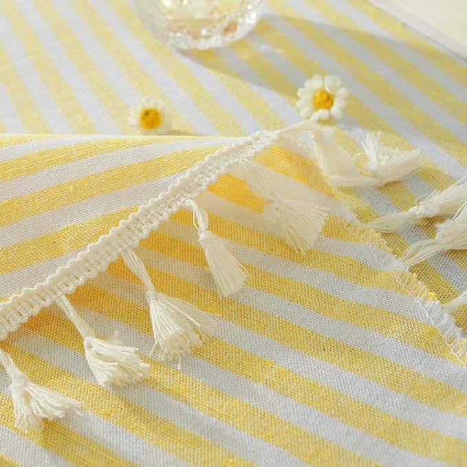 meioro Striped Tablecloth Round Tablecloths Cotton Blend Table Cloth Washable Tabletop Decorative Fabric Table Cover for Kitchen Dinning (Yellow, Round 60 Inch)