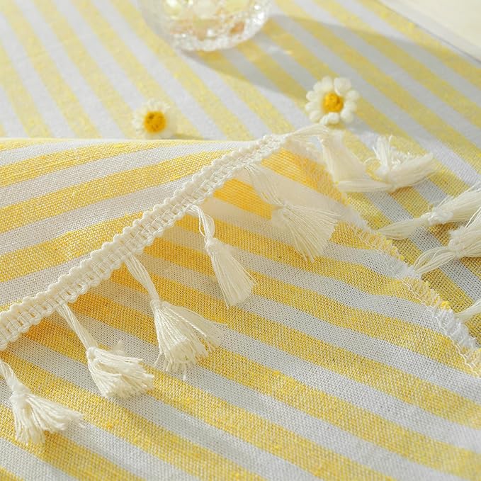 meioro Striped Tablecloth Round Tablecloths Cotton Blend Table Cloth Washable Tabletop Decorative Fabric Table Cover for Kitchen Dinning (Yellow, Round 47 Inch)