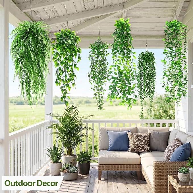Daifunli 18 Pcs Artificial Hanging Plants Fake Hanging Ferns Plastic Fake Plant for Wall Room Garden Garland Indoor Outdoor Decor No Basket (Eucalyptu,Mandala,Boston,String of Pearl,Podocarpu,Pothos)