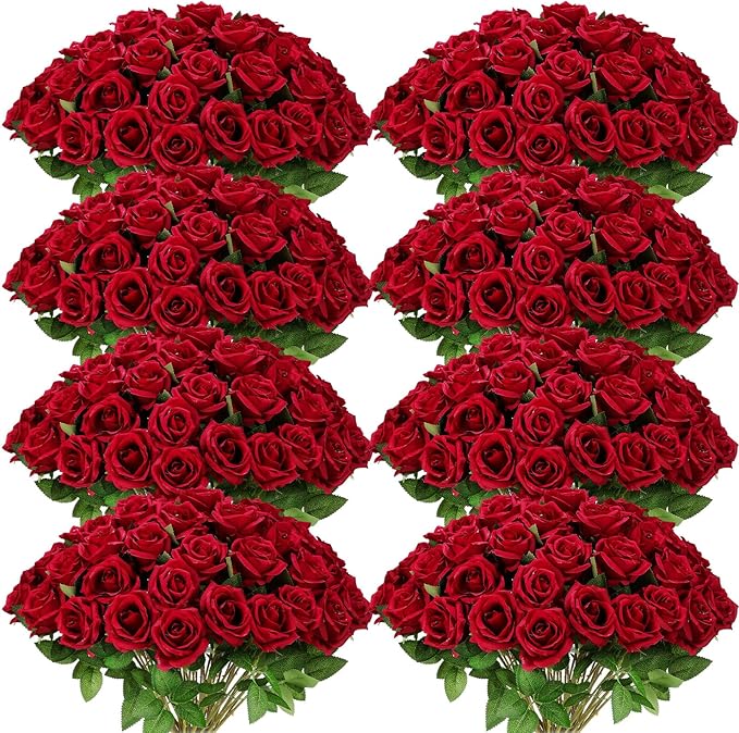Hotop 120 Pcs Roses Artificial Flowers in Bulk,Long Stem Artificial Flower Bouquet,Silk Real Lifelike Fake Rose for Wedding Party Table Centerpieces Decor Valentines Gifts(Wine Red)