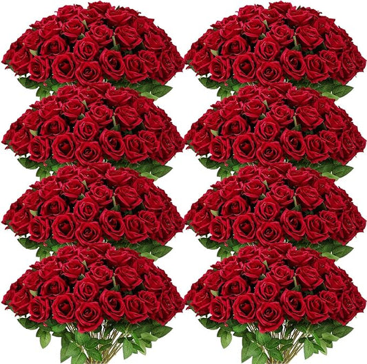 Hotop 120 Pcs Roses Artificial Flowers in Bulk,Long Stem Artificial Flower Bouquet,Silk Real Lifelike Fake Rose for Wedding Party Table Centerpieces Decor Valentines Gifts(Wine Red)