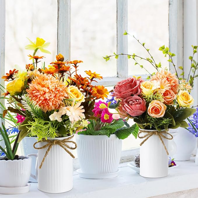 Rustic Vase for Table Centerpieces 4.33 Inch Small Petite Flower Vase with Twine Bow Vintage Farmhouse Decor for Wedding Reception Dining, Home Galvanized Metal Buckets(White,36 Pcs)