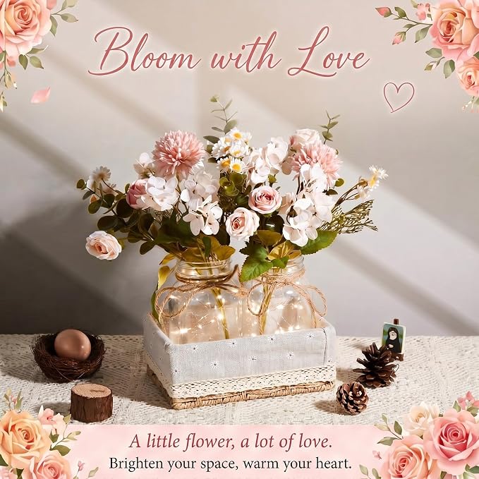 4 Sets Mason Jar with Lights Pink Rose Chamomile, Decorative Pink Centerpieces for Tables Mason Jars Flowers Decorations LED Farmhouse Vase for Home Wedding Event Party Decor