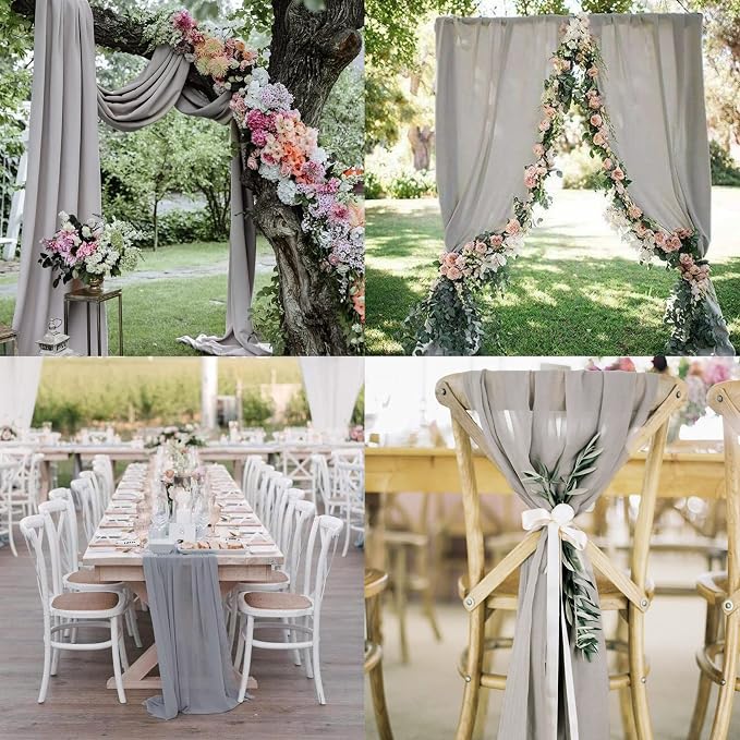 Fivenl 12 Pack Chiffon Table Runner - 27 x 120 Inches Sheer, Romantic for Wedding, Birthday, Party & Shower Decoration (Gray)