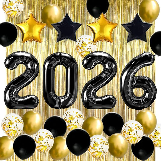 JOJO FLY New Years Eve Party Supplies 2026, Black 2026 Balloons, Gold and Black Balloons Set, Gold Foil Curtain, Graduation Decorations, New Years Eve Party Decorations Kit
