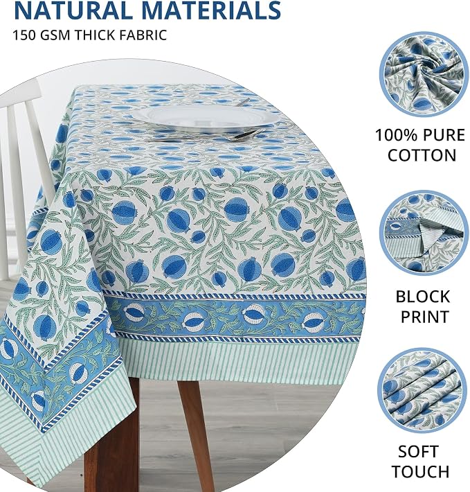 Ridhi Queen Blue Hand Block Print Cotton Rectangle Tablecloth 120" x 80" inches Reusable Table Cover Decorative Everyday Use for Dining Room, Farmhouse, Home Gift for Spring, Mother's Day