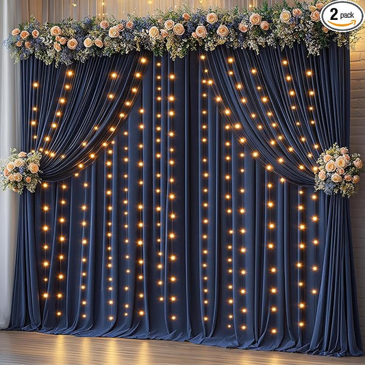 10 x 10ft Navy Blue Backdrop Curtains with Lights String for Wedding Polyester Photo Backdrop Drapes Wrinkle Free White Curtains Backdrop for Birthday Parties Reception Baby Shower Ceremony, 2 Panels