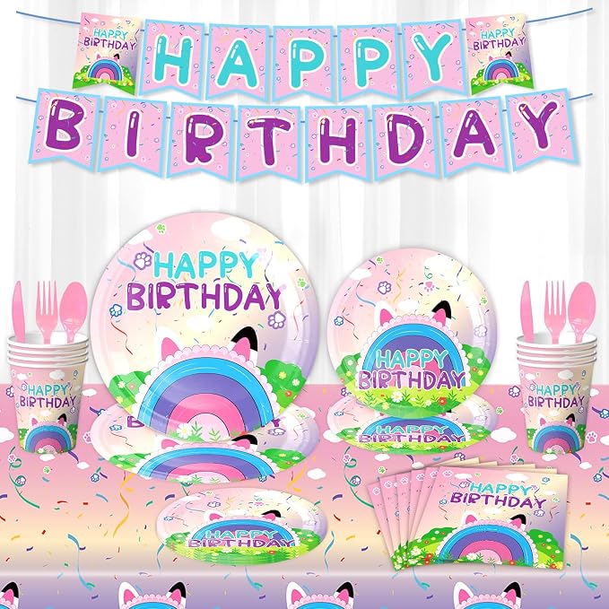 170PCS Dollhouse Birthday Party Decorations, Dollhouse Party Supplies for Kids - Tableware Set with Plates, Cups, Napkins, Cutlery and Banners, Serve 24