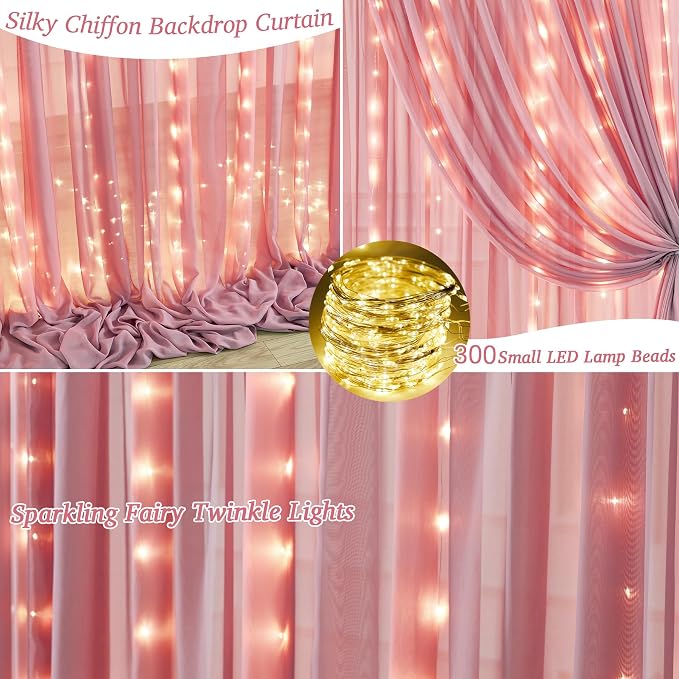 20ft x 10ft Dusty Rose Chiffon Backdrop Curtain with Lights String for Parties,4 Panels Sheer Tulle Curtain Wedding Backdrop for Baby Shower Birthday Party Ceremony Reception Home Decorations