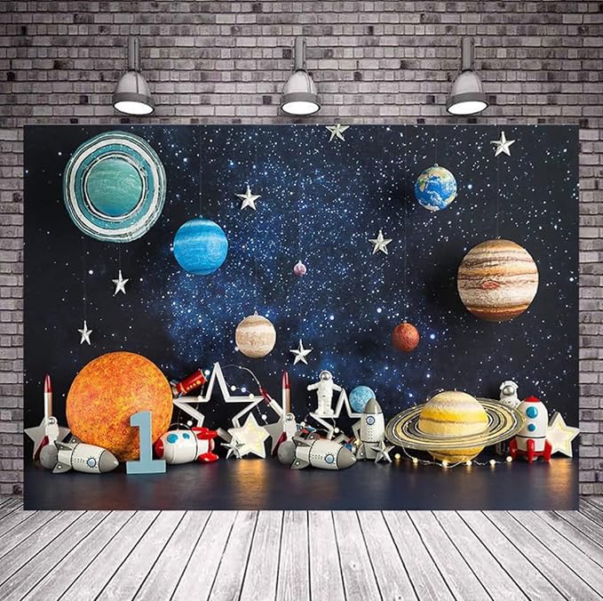 Outer Space Photography Backdrop Universe Planet Star Galaxy Astronaut Rocket Kids Birthday Party Decoration Boy Portrait Photo Background Birthday Party Cake Table Banner Vinyl,8x6ft
