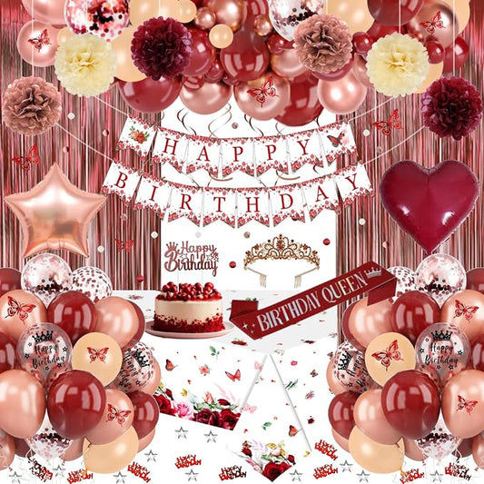 Burgundy Rose Gold Birthday Decorations with Happy Birthday Banner, Balloons, Sash, Crown, Butterfly, Hanging Swirls, Flower Tablecloth, Fringe Curtain, Pompoms for Women Girls Party Backdrop Supplies