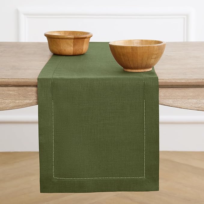 Solino Home Linen Olive Table Runner 90 Inches Long - 100% Pure Linen 14 x 90 Inch Table Runner - Classic Hemstitch