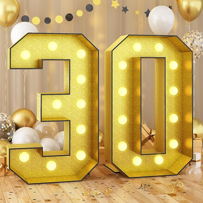 Light Up Numbers 30, 4FT Light Up Numbers 30 Marquee Gold Large Light Up Numbers Mosaic Numbers for 30th Birthday, Giant Light Up Number Frame Pre-Cut Foam Board Kit for Graduation Anniversary Party