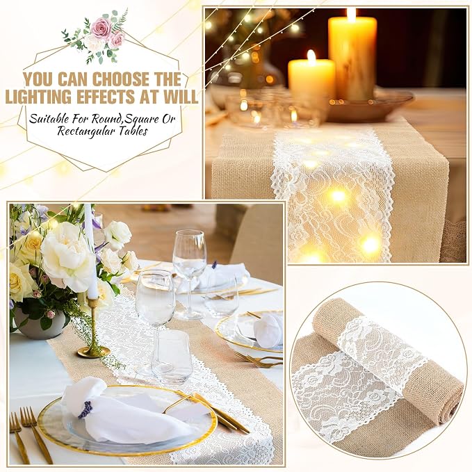 Xinnun 6 Pack Burlap Table Runner with Warm LED Lights,Rustic Lace Wedding Table Decor,Boho Farmhouse Jute Runner for Reception Bridal Shower Party(Romantic,12x70 Inches)