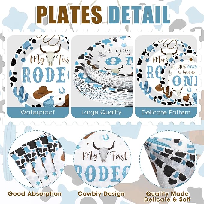 Pickmesh 250 Pcs My First Rodeo Party Decorations Western Cowboy Disposable Tableware Set My First Rodeo Paper Plates Napkins and Cups for 1st Boy Birthday Baby Shower Party Decorations Serve 50