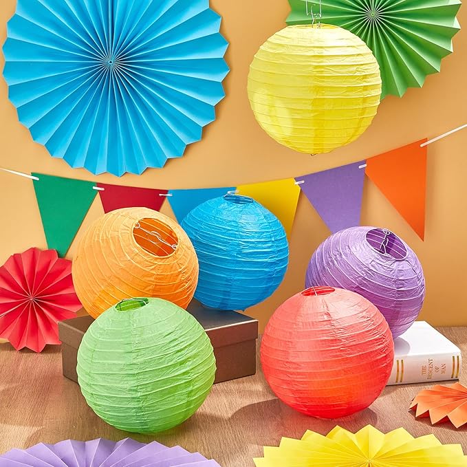 21Pcs Colorful Classroom Decor Rainbow Hanging Paper Lanterns Paper Fans Triangle Flags Banners Set Round Lantern for Back to School Ceiling Supplies Home Indoor Birthday Party Ceremonial Event