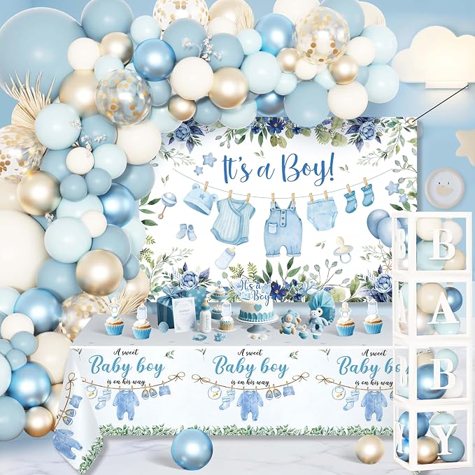 Blue Baby Boy Shower Decorations with 4pcs Balloon Boxes, 70pcs Balloon Garland Arch Kit, "It's a Boy" Backdrop, Tablecloth, Cake Toppers - Watercolor Clothesline Theme Party Supplies
