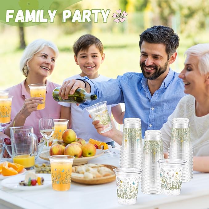 Hushee Wildflower 60 Pcs Party Cups 16 oz Plastic Disposable Drinking Cups for Birthday Love Baby in Bloom Baby Shower Summer Fresh off The Market Bridal Shower Decorations Supplies