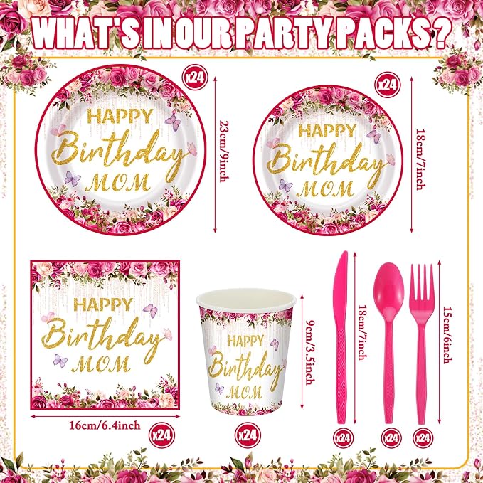 168 Pcs Happy Birthday Mom Party Decorations Pink Floral Best Mom Ever Plates and Napkins Sets Disposable Birthday Tableware Sets Serve for 24