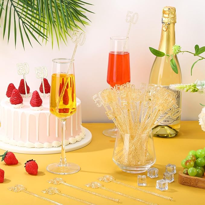 Reallnaive 100 Pcs 50th Birthday Drink Stirrers Gold Glitter Cocktail Stirrers Plastic Swizzle Sticks 7.5 Inch Fall Birthday Cupcake Toppers Sticks Bulk for Coffee Bar Cake Pops Christmas Party Favor