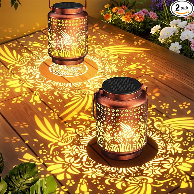 KOOPER Solar Lanterns Outdoor Waterproof Birthday Gifts for Women Mon Grandma, 2 Pack Brighter Hummingbird Hanging Solar Lantern Lights Outdoor, 2 Modes Metal Outdoor Decoration for Yard, Patio