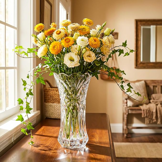 JASVIC 12 Inch Crystal Vases for Flowers, Tall Glass Flower Vase for Bouquet, Elegant Modern Large Vase, Starburst Design Decorative Vase for Living Room Centerpiece, Mother's Day, Wedding Gift